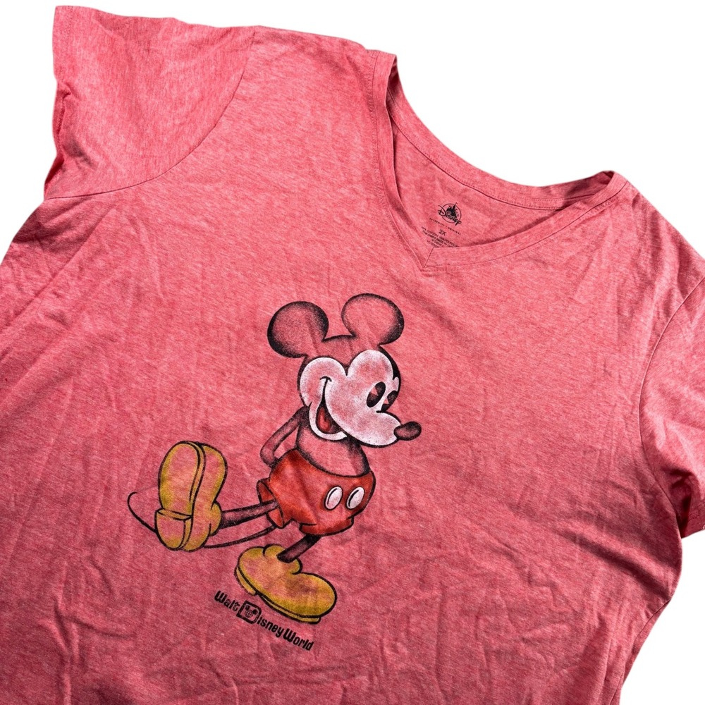 Disney Mickey Mouse‎ Walt Disney World Graphic V-Neck T-Shirt Heather Red 2X